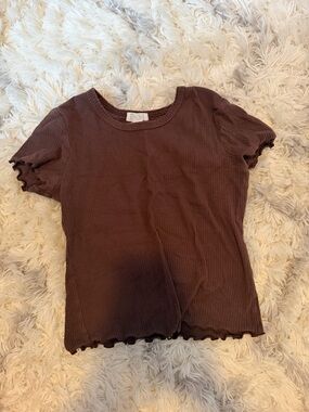 Full Tilt Chocolate Brown Ribbed Lettuce-Edge Short Sleeve Tee